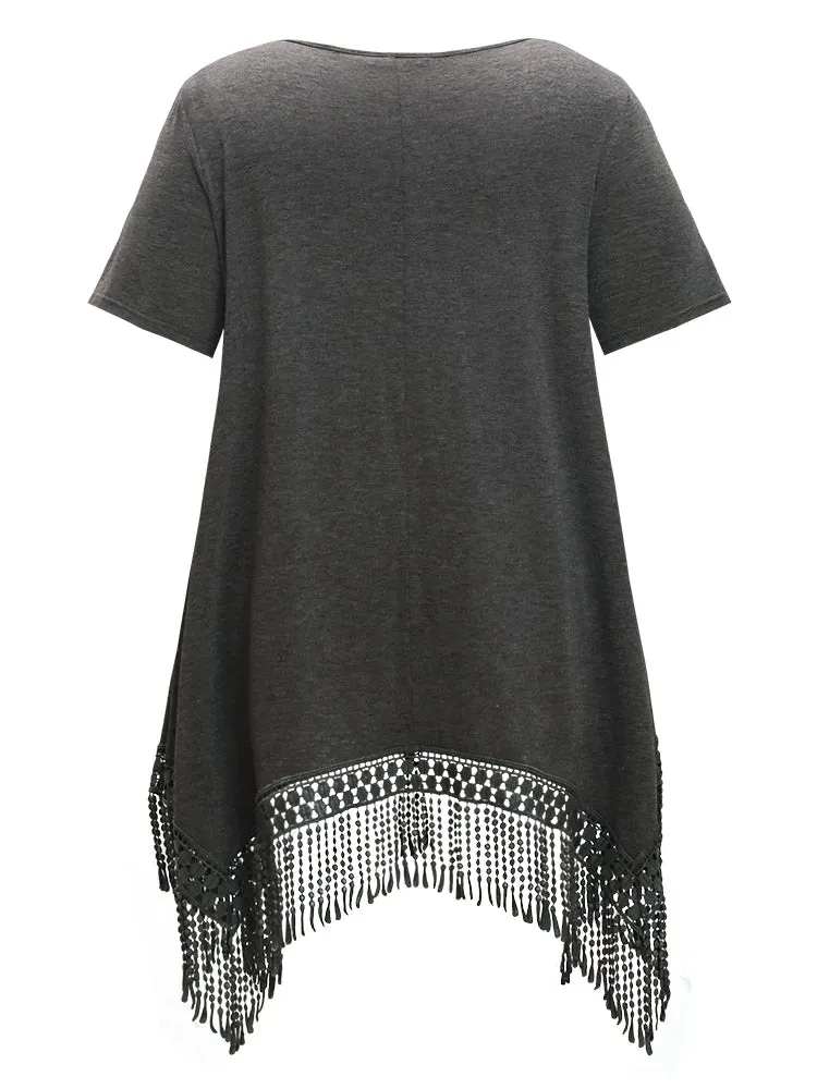 Solid Round Neck Lace Fringe Hem T-shirt