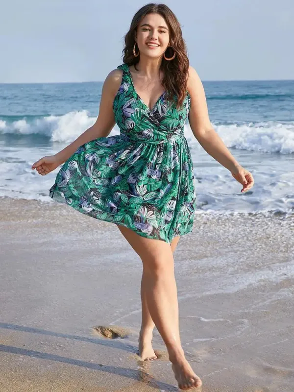 Tropical Print Bow Sculpt Waist Split Swim Dress
