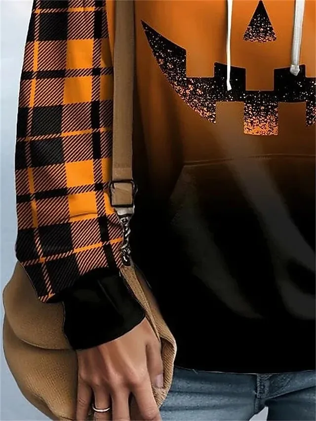 Women's Halloween Sweatshirt Pullover Active Sports Drawstring Front Pocket Orange Plaid Pumpkin Halloween Casual Hoodie Long Sleeve Top Micro-elastic Fall & Winter