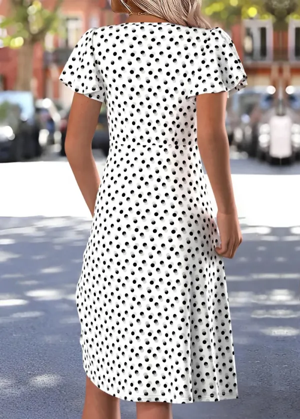 White Polka Dot Short Sleeve Square Neck Dress