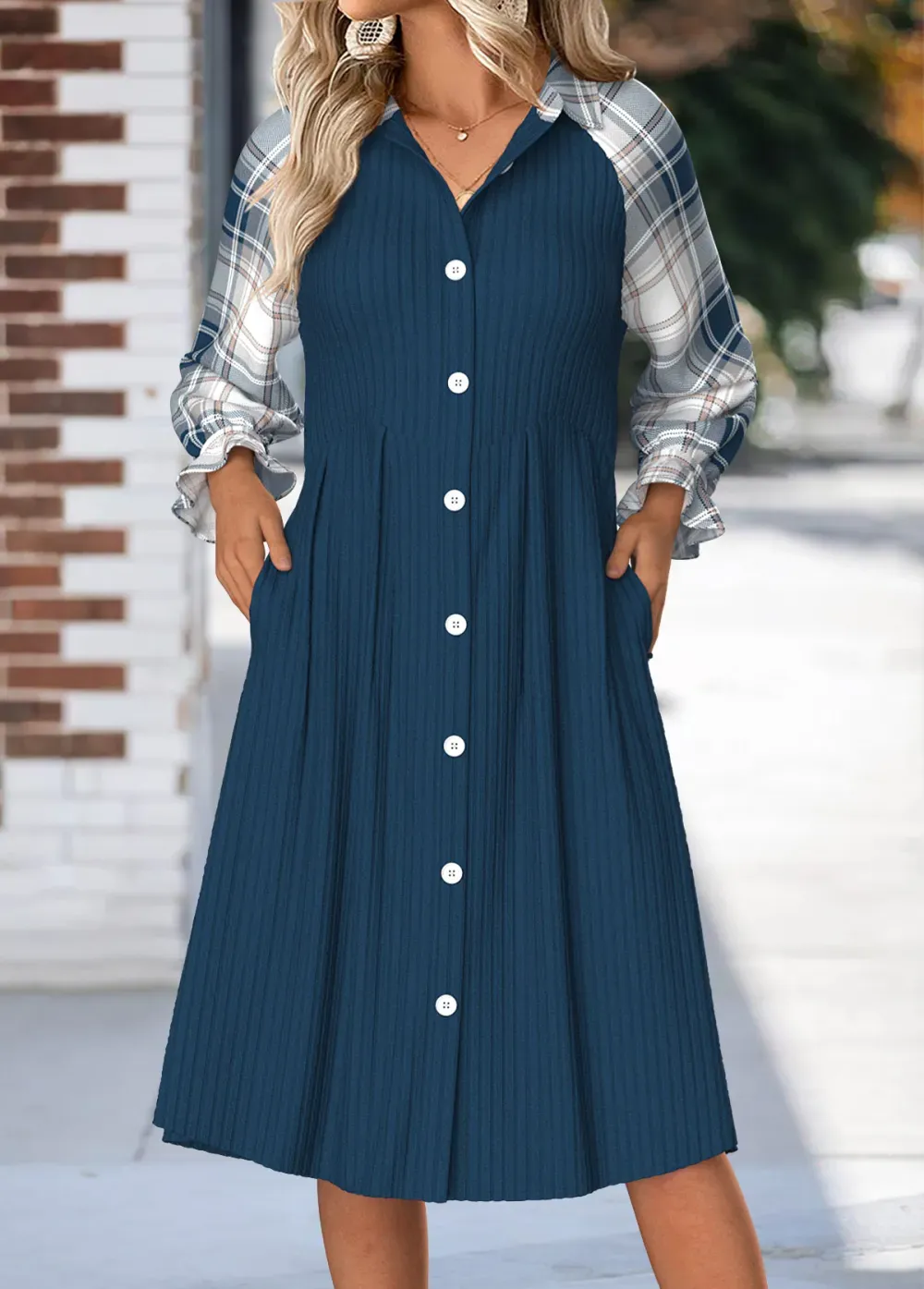 Navy Tummy Coverage Plaid Long Sleeve Shirt Collar Dress