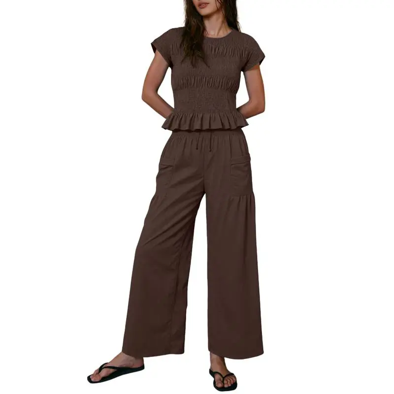 Women’s Smocked Top & Wide-Leg Pants Set – High-Waisted Lounge Outfit with Pockets