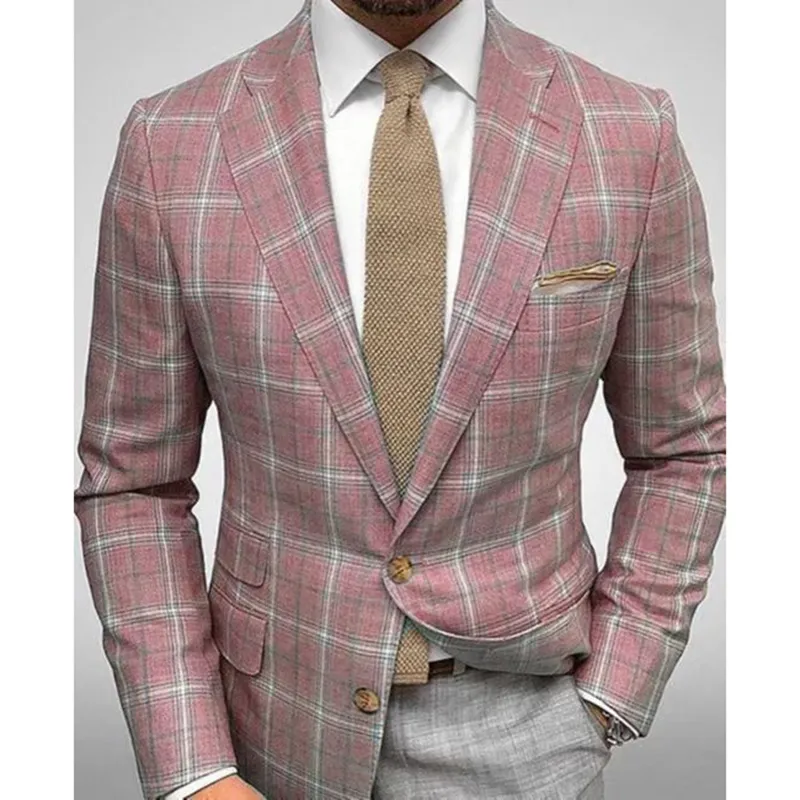 Business Plaid Lapel Collar Two Buttons Long Sleeve Blazer