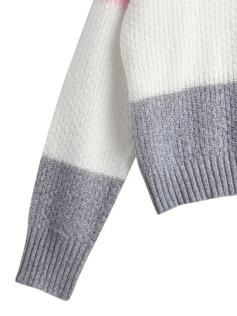 Cozy Color Block V-Neck Sweater - Soft Knit Pullover with Button Detail - Long Sleeve Casual Wear for Women