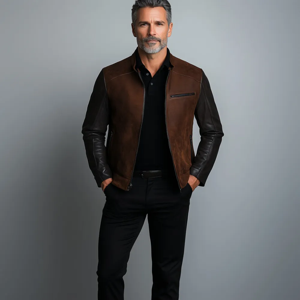 Men's Suede Patchwork PU Leather Stand Collar Zipper Jacket