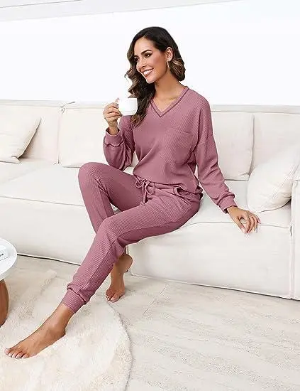 Women's Waffle Knit Lounge Set – Long Sleeve Pullover & Jogger Sweatpants