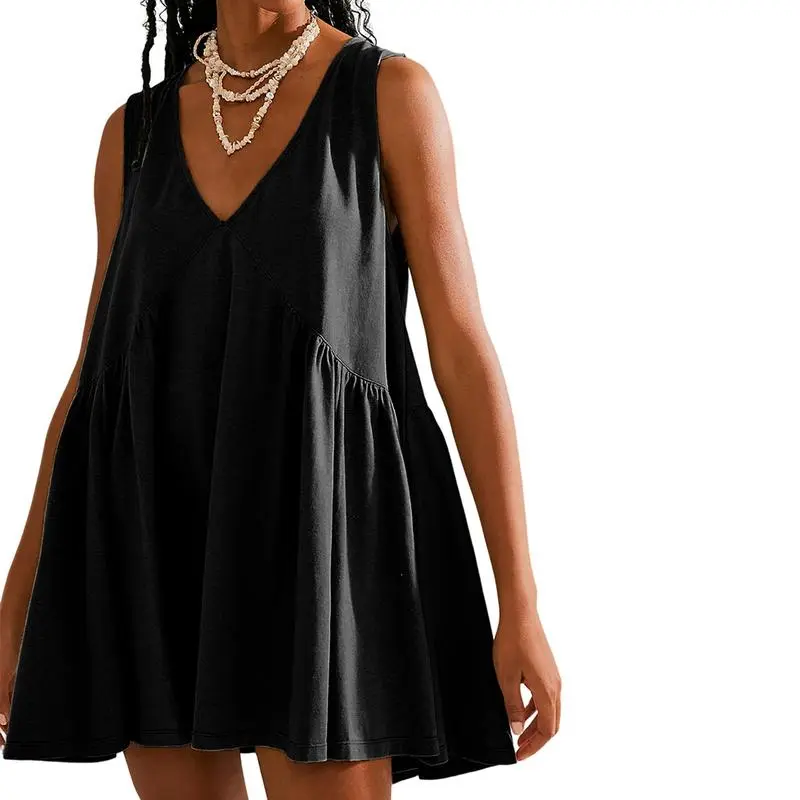 Womens Summer Sleeveless Mini Dress Casual Loose V Neck Sundress with Pockets