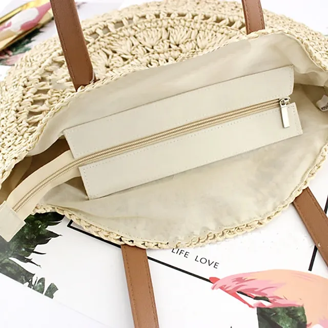 Women's Tote Straw Bag Straw Daily Holiday Solid Color Bohemian Style Brown Beige