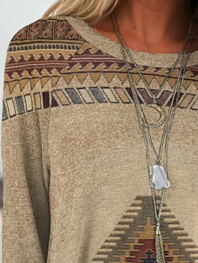 Women's T shirt Tee Burgundy Tee Tunic Shirts Marron Yellow Light Green Geometric Plaid Print Long Sleeve Casual Vintage Tunic Ethnic Round Neck Regular Fit Bohemian Theme Geometric Plus Size Fall