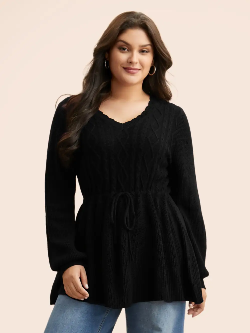 V Neck Cable Knit Drawstring Pullover