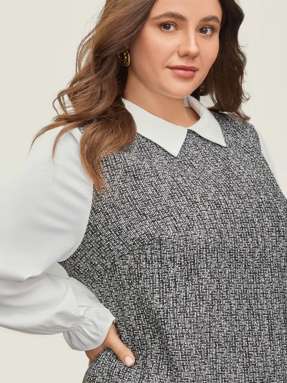 Tweed Patchwork Lantern Sleeve Blouse