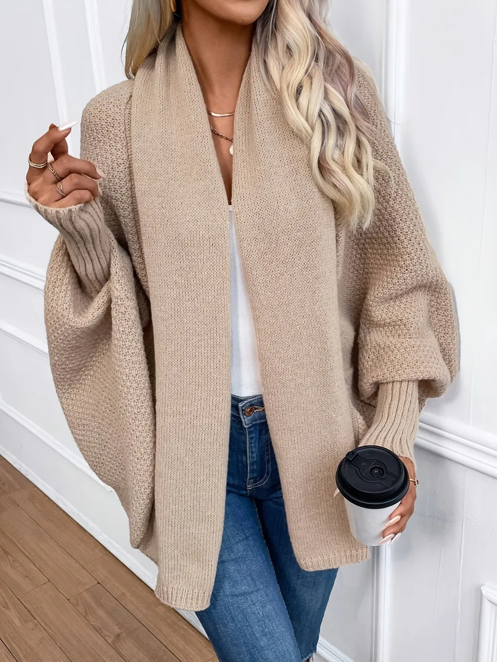 Cozy Solid Color Batwing Sleeve Cardigan - Women's Elegant Knitted Cardigan for Spring & Fall