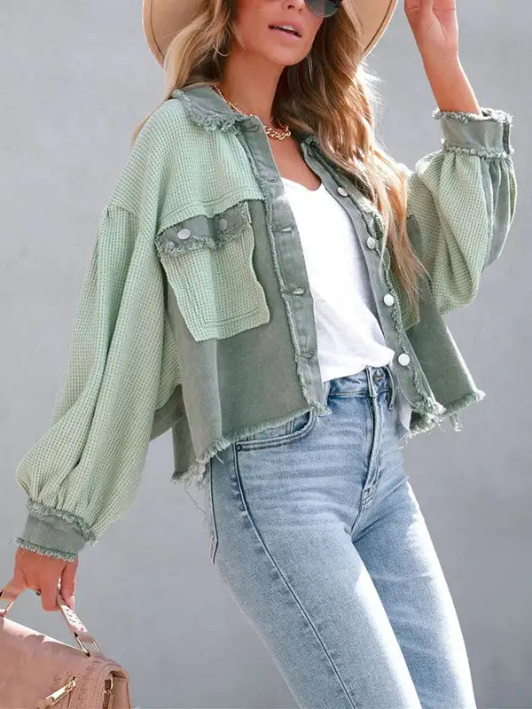 Waffle Patchwork Buttons Wash Jacket