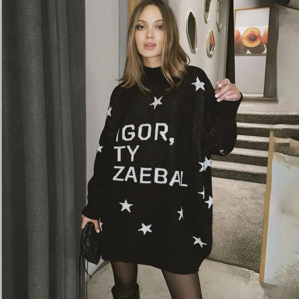 Letter Print Oversize Long Sleeved Sweater