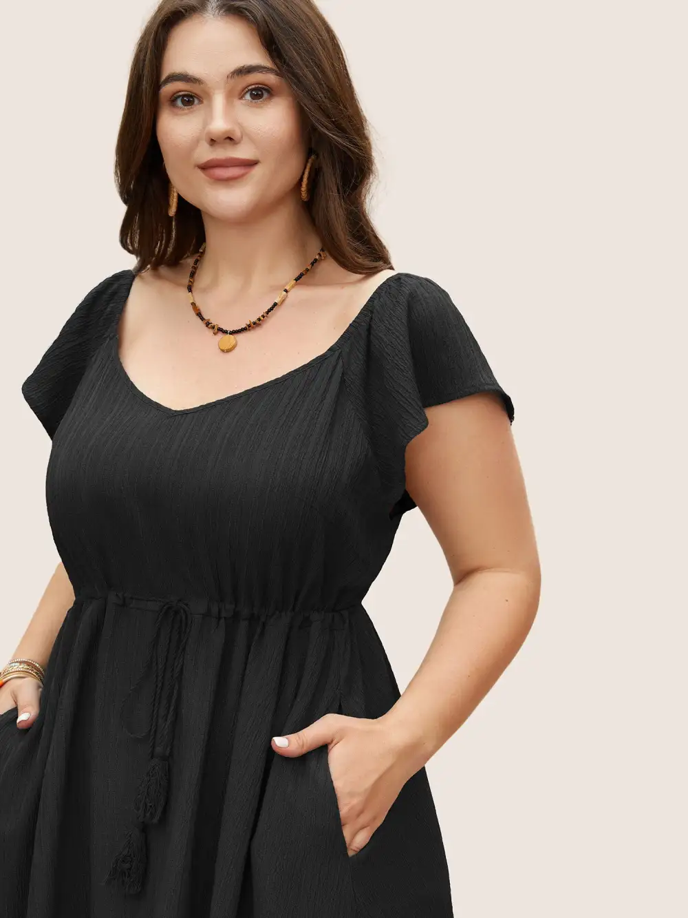 Texture Drawstring Tie Knot Tassels Dress