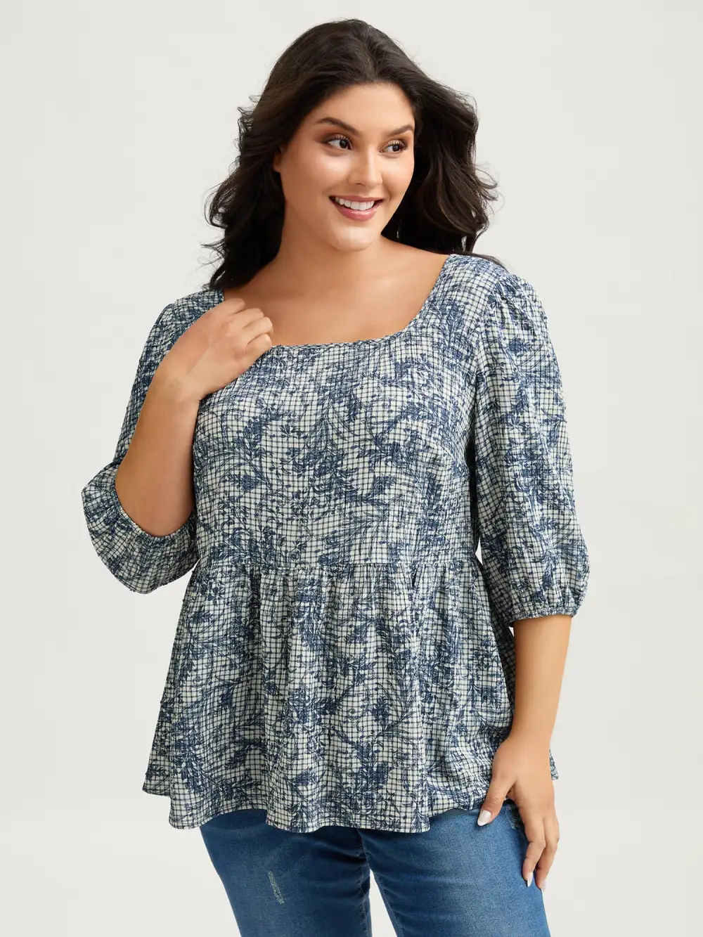 Check Toile de Jouy Shirred Pattern Blouse