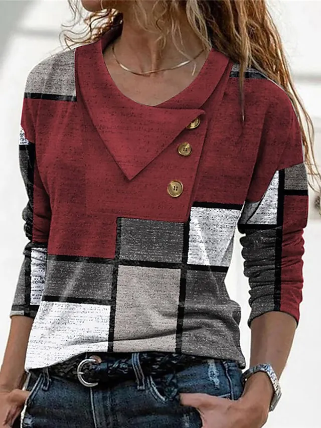 Women's T shirt Tee Red Navy Blue Blue Geometric Abstract Button Print Long Sleeve Casual Weekend Daily Basic Pile Neck V Neck Regular Fit Geometric Painting Fall & Winter