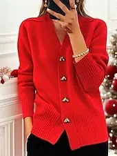 Women's Sweater Coat Dailywear Buttons Solid Color Windproof Vintage Outerwear Long Sleeve Summer Red S