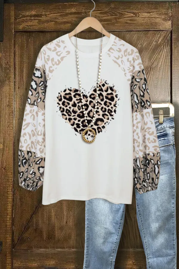 Colorblock Leopard Heart Print Crew Neck Top