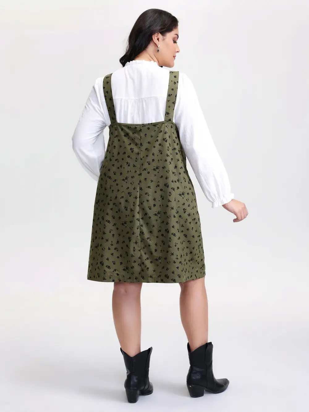 Floral Print Textured Overall Adjustable Midi Dress