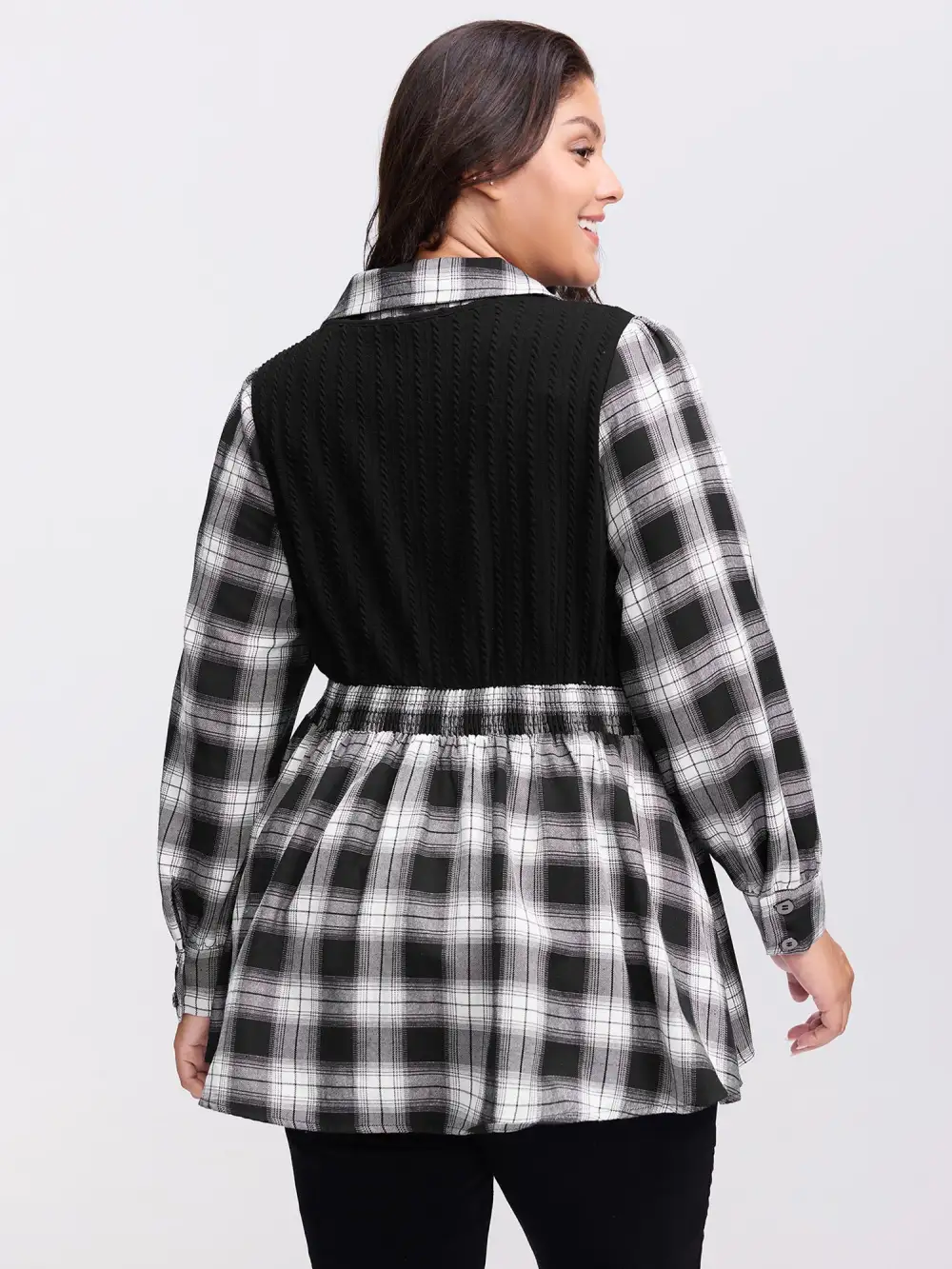 Checkered Faux-Layered Button Detail Blouse