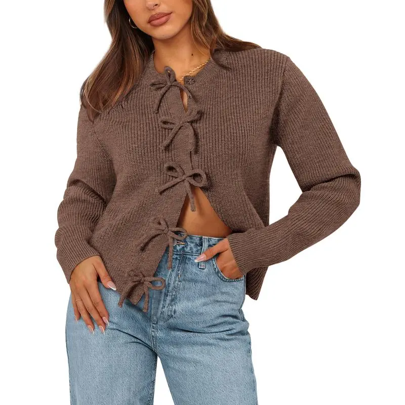 Cardigan Sweaters for Women Trendy 2025 Fall Open Front Long Sleeve Button Down Bow Knot Cropped Lady Jacket