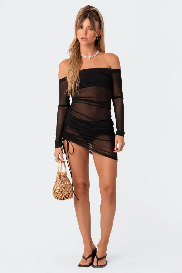 Eleni Gathered Sheer Mesh Mini Dress
