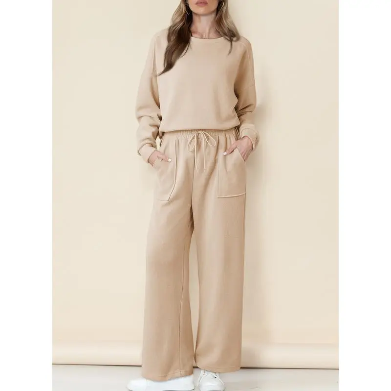 Women's Cotton 2 Piece Outfits Sweatsuit Casual Fall Long Sleeve Knit Tops And Pants Lounge Sets