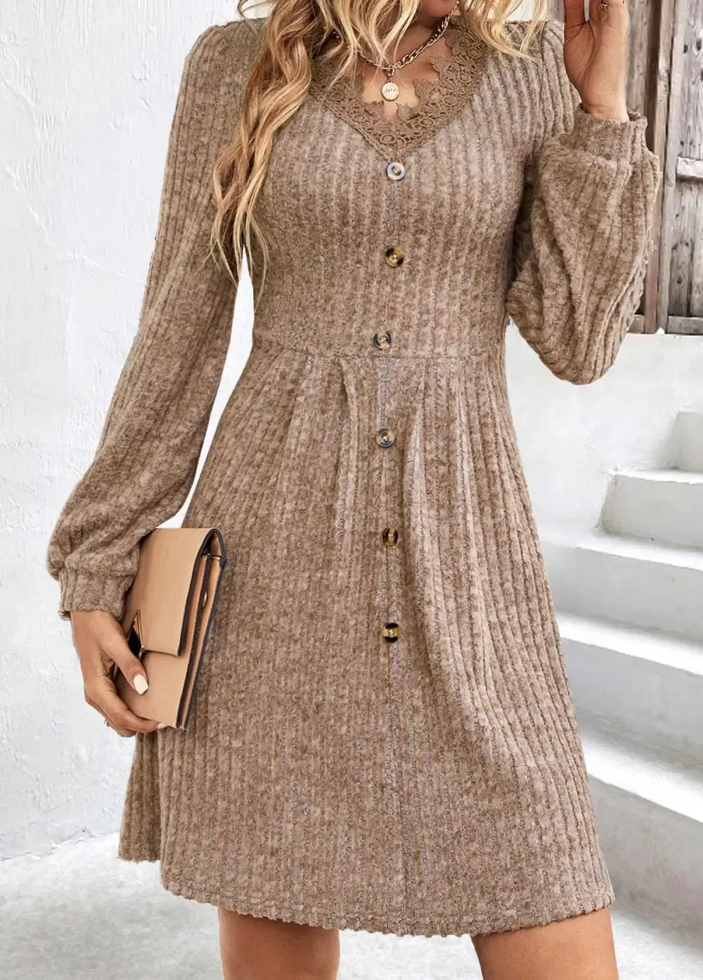 Light Coffee Patchwork Long Sleeve V Neck Dress