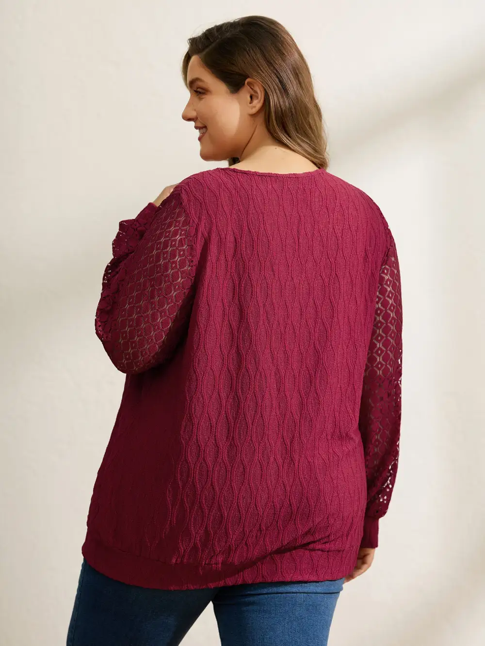 Sheer Textured Sleeve Stretchy Knit Top