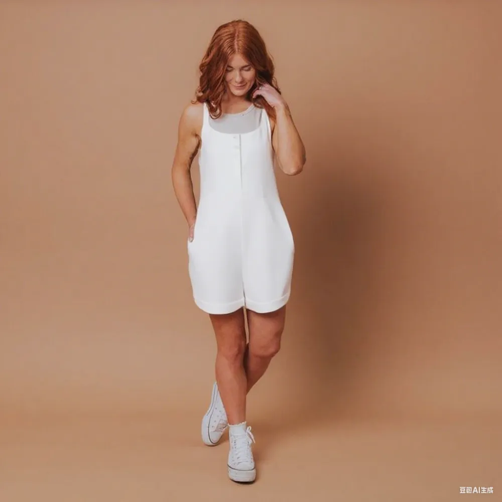 Women's Sleeveless Short Romper – Fern Green Casual Tank Jumpsuit with Pockets