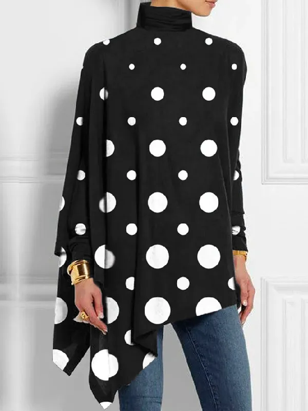 Casual Long Sleeves Loose Asymmetric Polka Dot High-Neck T-Shirts Tops