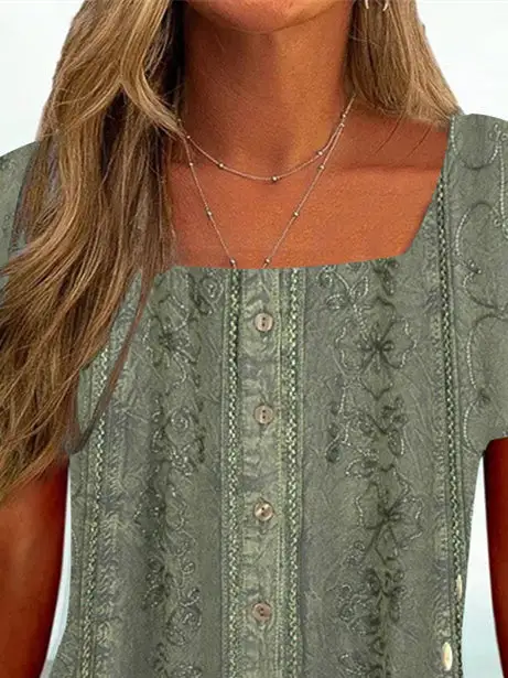 Women's Short Sleeve U-neck Floral Printed Graphic Button Top