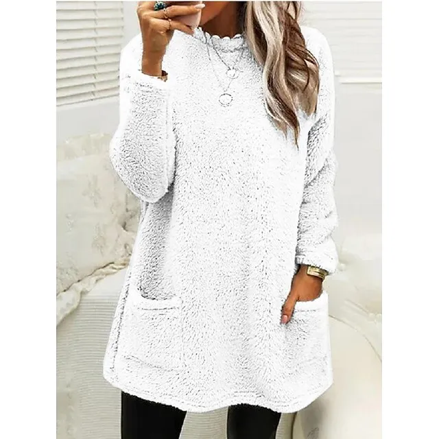 Women's Sweatshirt Pullover Sherpa Fleece Teddy Pocket Marron Black Blue Solid Color Street Casual Round Neck Long Sleeve Fleece S M L XL 2XL 3XL