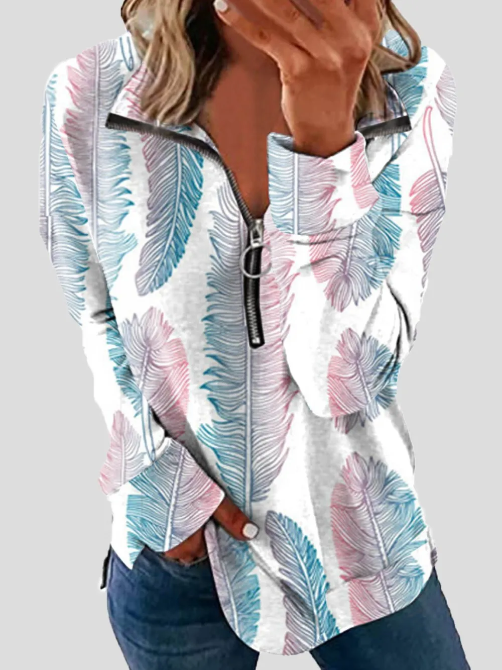Women's T-Shirts Zip Lapel Printed Long Sleeve T-Shirts（⚡Clearance Sale）