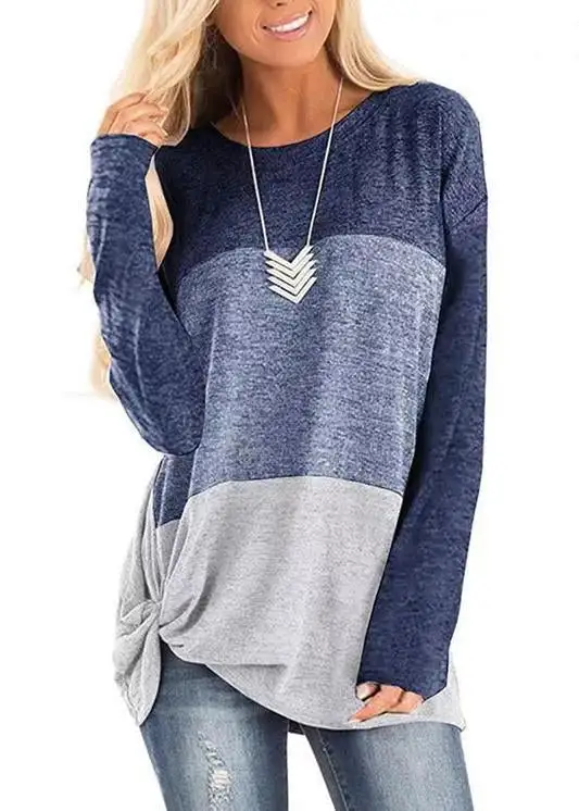 Round Collar Splice Color Block Knot-front Long Sleeve T-shirt