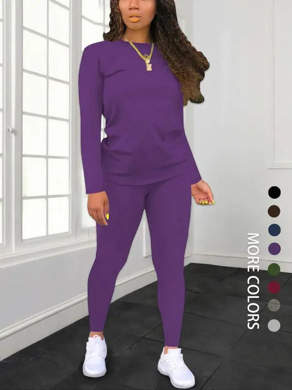 Women's Solid Long Sleeve Top & Pants Set – Minimalist, Casual, Comfy Outfit for Daily Wear.