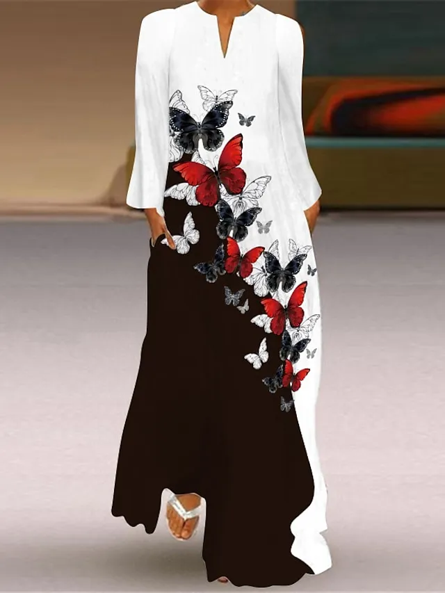 Women's Shift Dress Swing Dress Long Dress Maxi Dress Green Blue Grey White Black Long Sleeve Feather Butterfly Pocket Print Summer Spring V Neck Stylish Casual Dress 2023 S M L XL XXL XXXL 4XL 5XL
