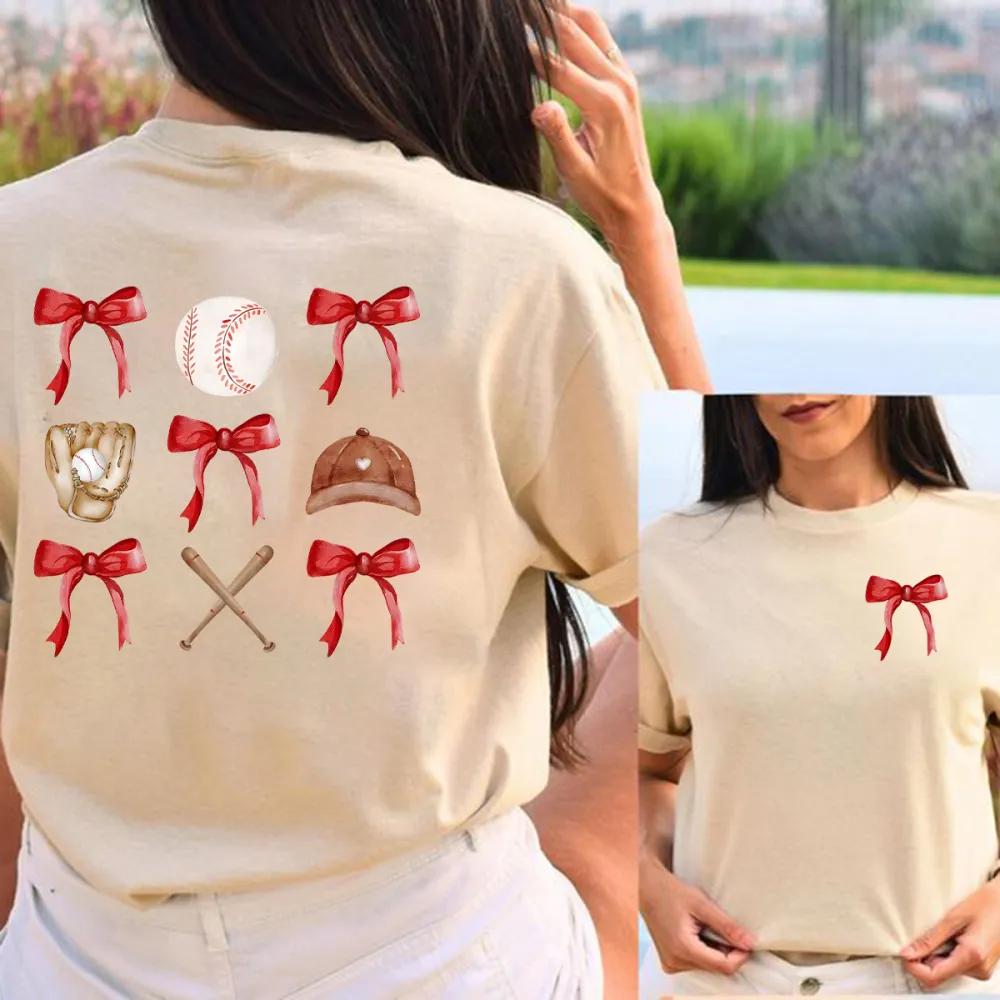 A Casual T-Shirt With A Red Bow, Baseball, Baseball Gloves, Baseball Cap And Crossed Baseball Bats.