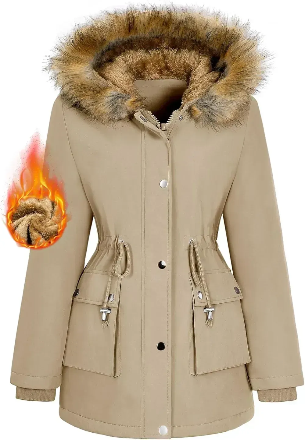 Women Winter Coats Fleece Lined Parka Jackets Hooded Warm Thicken Coat With Pockets and Fur Hood Trendy Overcoat