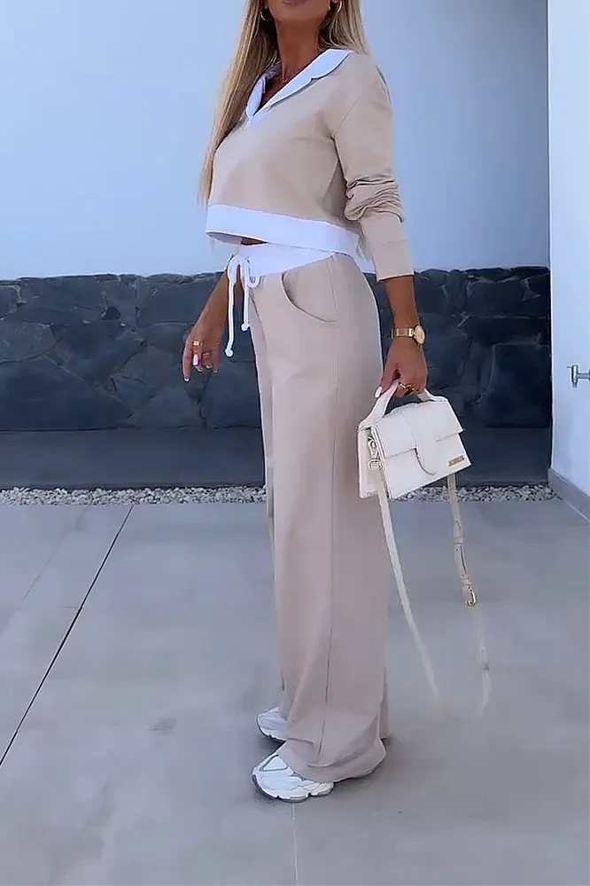 Women's contrasting splicing V-neck and pants two-piece set