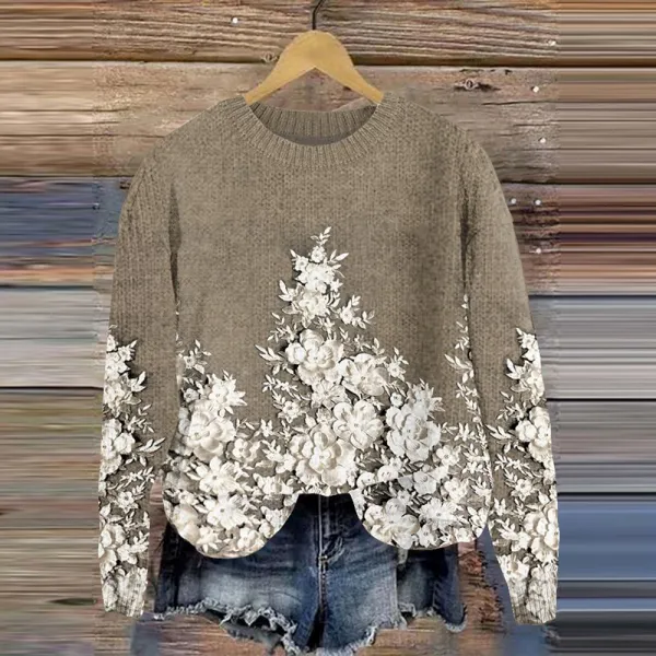 Vintage floral embroidery art knitted round neck sweater