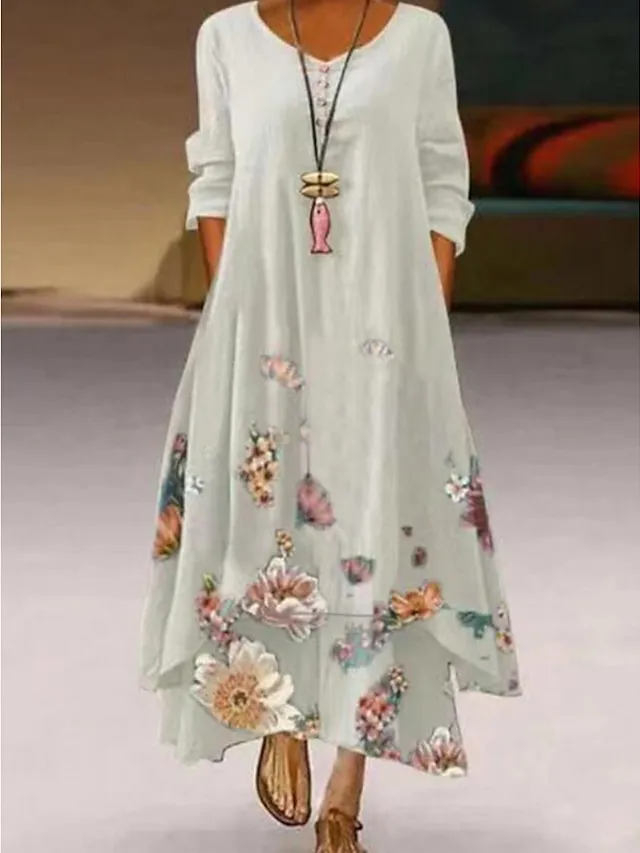 Women‘s Long Dress Maxi Dress White Yellow Pink Long Sleeve Floral Print Summer Spring Fall Crew Neck Summer Dress Regular Fit 2023 S M L XL XXL 3XL 4XL 5XL