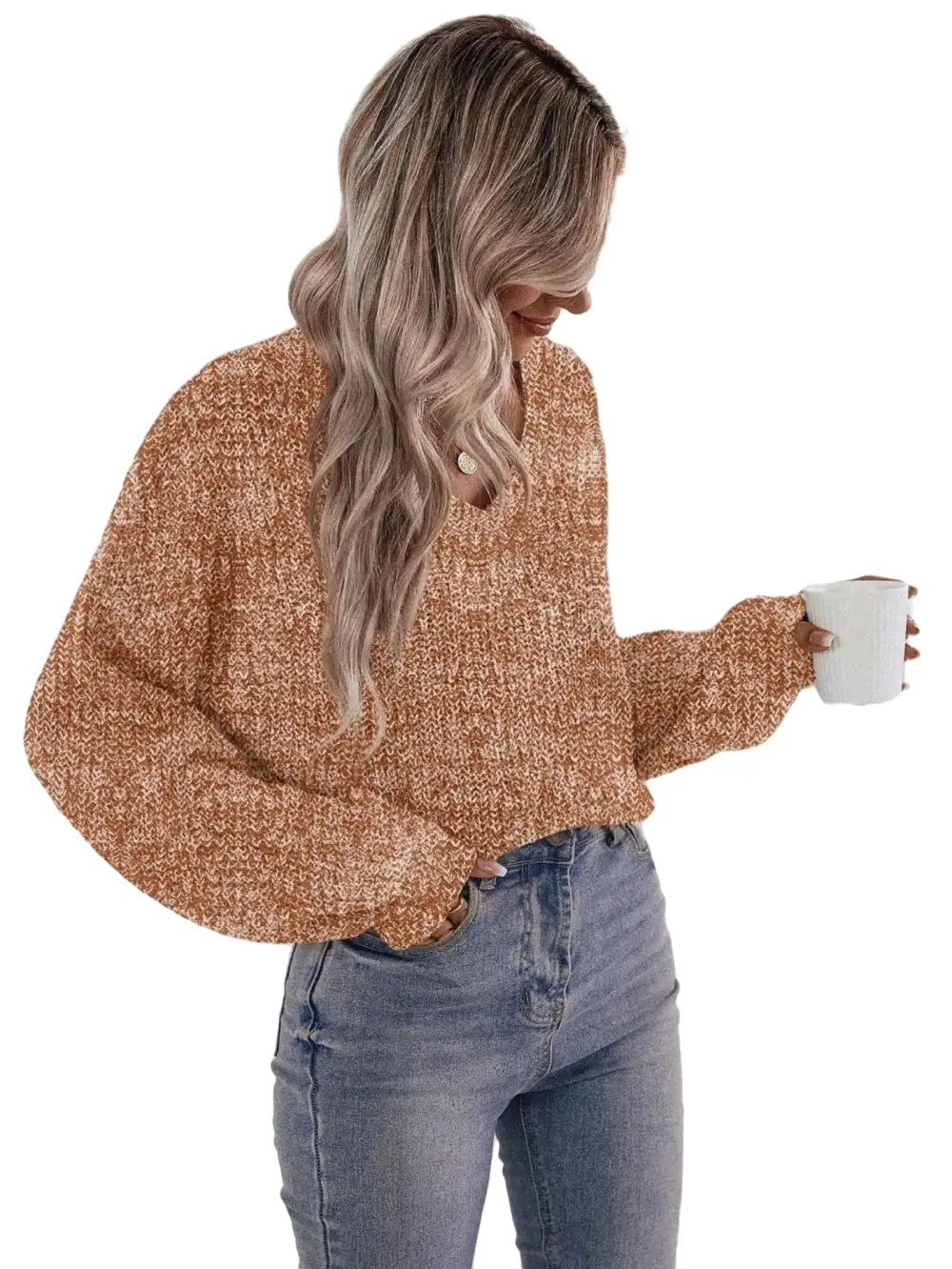 Casual Plain V neck Pullovers Long Sleeve Brown Women Sweaters (Women's)