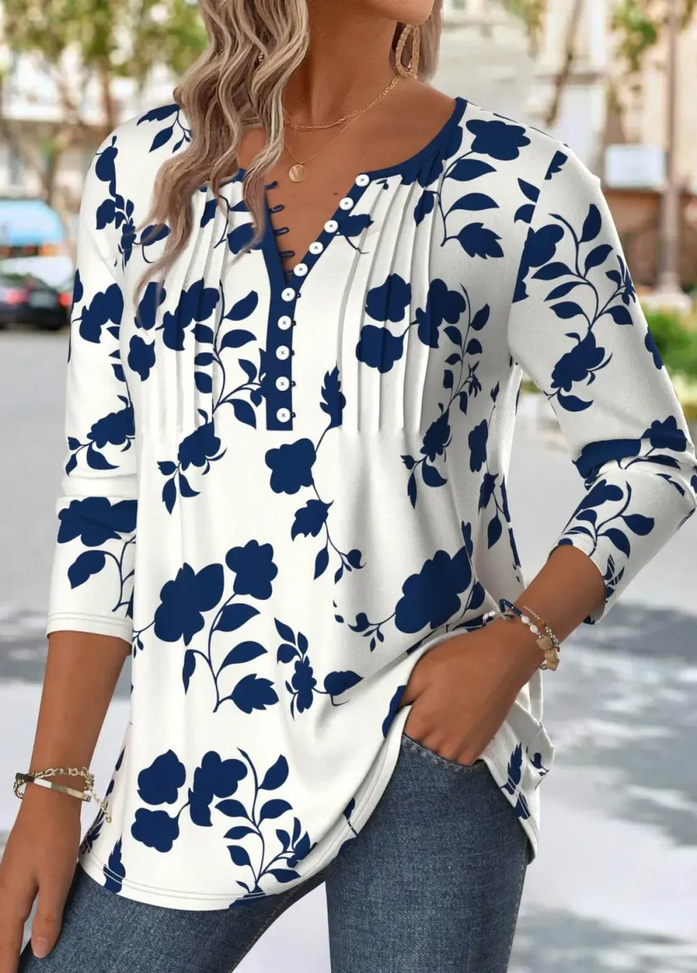 Navy Floral Print Long Sleeve Split Neck T Shirt