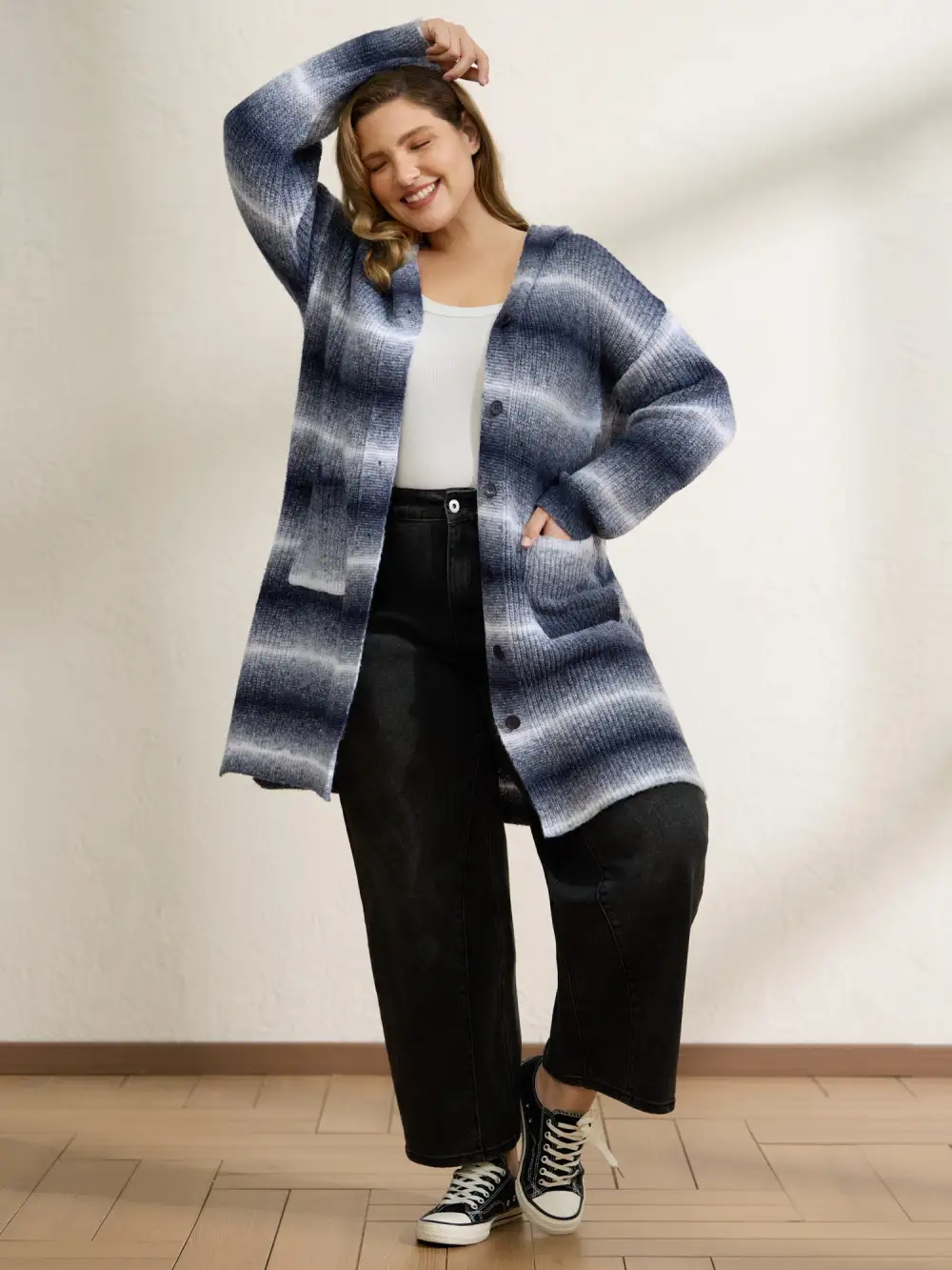 Color Gradient Textured Hooded Cardigan