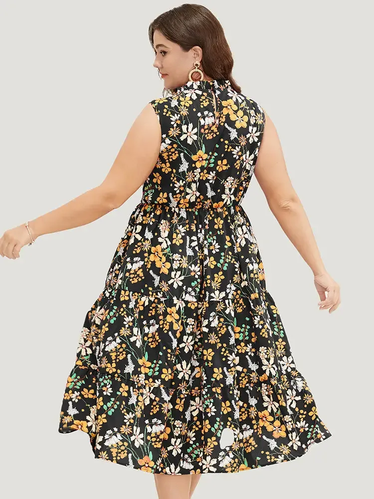 Floral Shirred Mock Neck Cut Out Pocket Ruffle Hem Dress