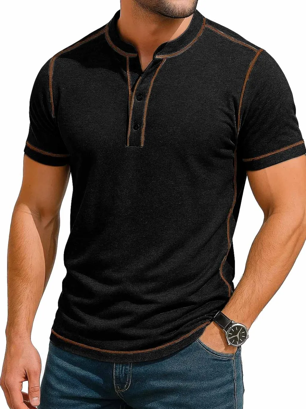 Men's Fashion Retro Contrast Color Line Short Sleeve Henley Shirt 