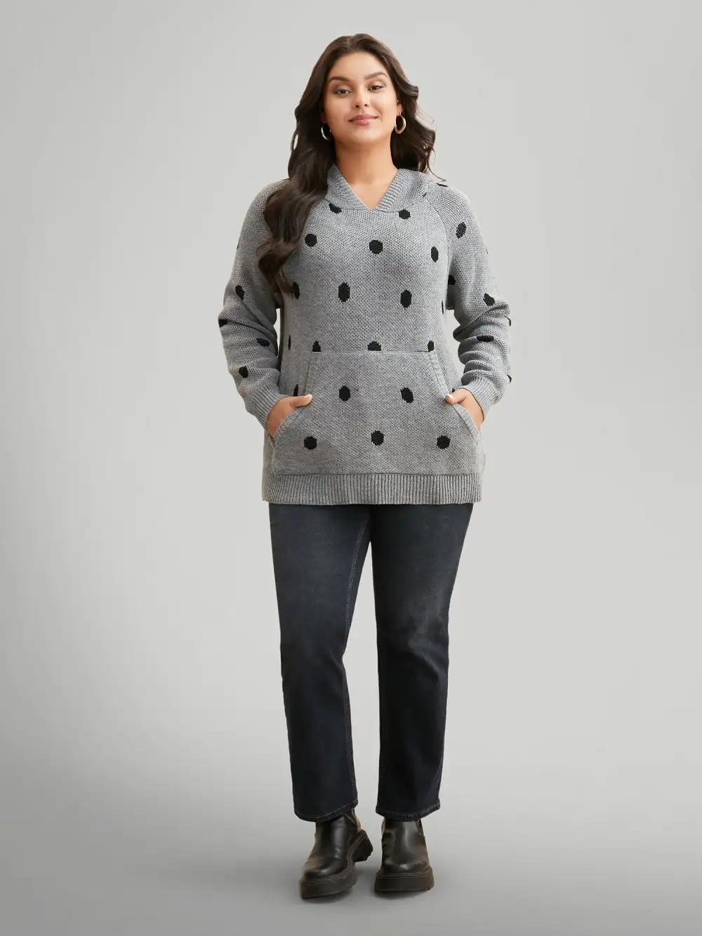 Polka Dot Hooded Patch Pocket Pullover