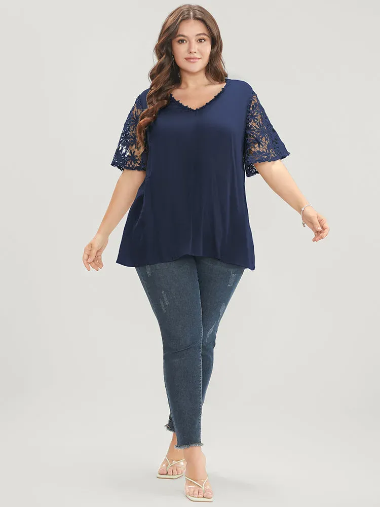 Plain V Neck Floral Patchwork Blouse